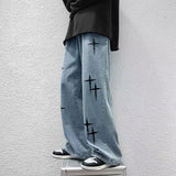 Foesce  Oversized Jeans Neutral Wide Leg Denim Trousers Loose Street  Men Jean Asthetic Man Jeans Pants Cross Print Casual Baggy Hip Hop