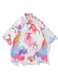 Foesce Hip Hop Oil Painting Dinosaur Print Shirt Men Women Harajuku Short Sleeve Botton T Shirt Summer Casual Loose Shirt