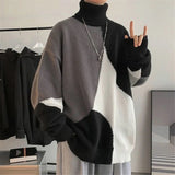 Foesce Fashion Turtleneck Knitted Spliced All-match Asymmetrical Sweater Men Clothing  Autumn New Casual Pullovers Loose Warm Tops
