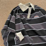 Japan Retro Striped Long-sleeved  Shirt Top Men Women Loose Trend Couple BF Lapel Sweatshirt Preppy Hip Hop Cool Shirts
