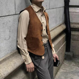 Men's Suit Vest Brown Suede V Neck Single Breasted Retro Tooling Waistcoat Formal Business Vest Groomman for Wedding Vest