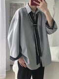 Foesce Tie Shirt Men's Long-sleeved Hong Kong Style Simple Solid Color Shirt Student Loose Elegant Top Youth Stripe Decoration Blouse