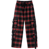 Men's Vintage Straight Pants Plaid Baggy Drawstring Trousers Multi-pocket Design Fall Hip Hop Casual Fashion Streetwear