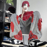 American High Street Men's Jeans Contrast Color Ripped Loose Fashion Denim Pants Hip Hop Male Brand Trousers