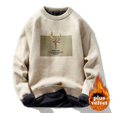 Foesce Autumn Vintage Sweaters Oversized Mens Knitted Sweater Men Deer Print Pullover Hip Hop Harajuku White Padded Velvet Sweater