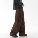 Japanese Retro Coffee Cargo Pants Men's Plicated Straight Tube Cityboy Pant Fashion Streetwear Vintage Mopping Trousers White