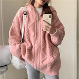 Lazy style threaded Zip High Hooded Knit women cardigan autumn winter long sleeve top Jacket Street casual loose women sweater