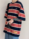 Foesce Short-sleeved T-shirt Men's Vintage Lapel Striped Shirt Hong Kong Style Loose Top Summer Hip Hop Urban Style Shirt