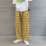 Foesce  Harajuku New Yellow Plaid Drawstring Men's Casual Pants Vintage Loose Straight Streetwear Male Pant Unisex Trousers