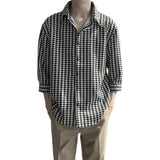 High Quality Houndstooth Three Quarter Sleeve Shirt Mens Autumn Thin Korean Fashion Loose Casual Designer Clothes Men Shirt
