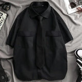 Foesce Men's White Shirts with Tie Set Preppy Uniform DK Loose Long Sleeve Shirt Couple Loose Basic Short Shirts Asian Size
