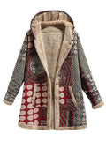 Winter Vintage Women Coat Warm Printing Thick Fleece Hooded Long Jacket with Pocket Ladies Outwear Loose Coat for Women