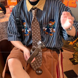 Vertical Striped Japanese Retro Short Sleeve Casual Shirts Men Couple Top Bear Print Button Up Shirt Summer Punk Style
