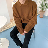 Foesce New Waffle Sweaters for Men Solid Color Lapel Loose Winter Bottoming Sweater Korean Fashion Harajuku Japanese Pullover Men