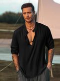 Men's Hippie Linen Shirt Casual Long Sleeve Henry Collar Summer Beach Loose Tee Tops Solid Color T shirts