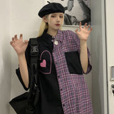Vintage tooling shirt female summer new style plaid stitching heart kawaii lapel design sense niche chic short-sleeved loose top