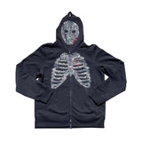 Y2K Full Zip Up Hoodie Men Autumn Winter Gothic Rhinestones Spider Web Sweatshirt Hip Hop Grunge Skeleton Oversized Jacket Coat