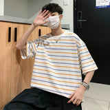 Cotton Men's Short Sleeve Striped T-shirt Korean Style Loose O Neck Streetwear Pullover Basic Soft Comfort Half Sleeve T Shirts