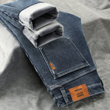 Winter New Men Fleece Jeans Business Casual Stretch Fitted Straight Denim CowBoy Student Trousers Male Classic Thick Warm Pants