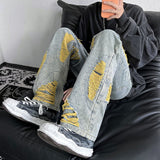 American High Street Men's Jeans Contrast Color Ripped Loose Fashion Denim Pants Hip Hop Male Brand Trousers