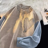 Women Men Sweater Autumn Knit Patchwork Sweater Long Sleeve O-Neck Heart Pattern Knitted Pullover Loose Stitching Sweater Shirt