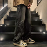 Spring Autumn Men Jeans Fashion Wide Leg Pants Star Embroidery Straight Loose Casual Chic Trousers Streetwear
