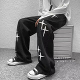 Foesce  Oversized Jeans Neutral Wide Leg Denim Trousers Loose Street  Men Jean Asthetic Man Jeans Pants Cross Print Casual Baggy Hip Hop