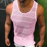 Tank Top for Men Lace Hollow Out Sleeveless Shirts Summer Mens Clothing Slim Fit Gym Clothes Workout Solid Color Vest Tops