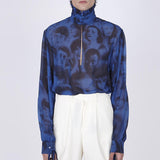 Vintage Button Turtleneck Hollow Shirts Men Sexy See Through Thin Shirt Fall Fashion Eyes Print Slim Long Sleeve Mens Tops