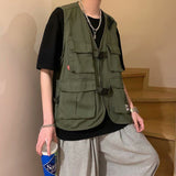 Foesce Men's functional Tooling Vest Streetwear Hip Hop Sleeveless Jacket Gilet Military Multi-Pocket Outdoors Cargo Vest Coat
