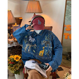 Giraffe Embroidered Zoo Denim Shirt Men Autumn New Vintage Style Casual Long Sleeve Casual Shirt Women Top Punk Style