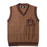 Harajuku Retro Embroidery Floral Jumper Knit Sweater Vest Aesthetics Korean Sleeveless Sweater Grandpa Ugly Sweater Women's Y2K
