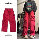 Black Cargo Pants for Men Hip Hop Gray Cargo Trousers Male Red Spring Cotton Loose Casual Streetwear Hip Hop Pocket