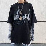 Foesce Black Hip Hop T-Shirt Mens Casual Autumn Tops Tee Fake Two Piece Long Sleeve Men T Shirt Fashion Japan Tshirt Streetwear Boys
