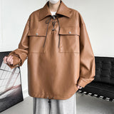Leather Hoodie Men Oversized Casual Pocket Sweatshirt Men Leather Top Streetwear Hip Hop Loose Pullover Hoodie Mens Hoody