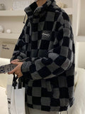 Foesce Lamb Wool Checkerboard Padded Coat Men Winter Thickened Oversize Zipper Thickening Jacket  Handsome Stand Collar Parkas