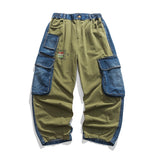 Green & Blue Patchwork Color Men Loose Denim Pants Elastic Waist New Letters Printed Hip Hop Mens Cargo Jeans