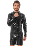 Black Wet Look Mock Neck Latex Bodysuit for Mens Lingerie Zipper Crotch Bodysuit Patent Leather Romper Clubwear Rave Outfit