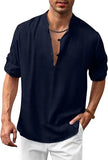 Men's Hippie Linen Shirt Casual Long Sleeve Henry Collar Summer Beach Loose Tee Tops Solid Color T shirts