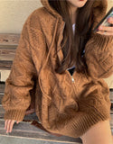 Lazy style threaded Zip High Hooded Knit women cardigan autumn winter long sleeve top Jacket Street casual loose women sweater