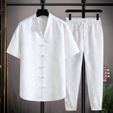 Foesce-(Shirt + trousers)summer fashion men shirt letter pattern Cotton shirts men's casual elastic waist shirts men size M-5XL
