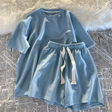 Foesce Cotton Solid Suit Summer Casual Short-sleeved T-shirt + Elastic Waist Shorts Suit Female Preppy Loose Versatile Sports 2pcs Suit