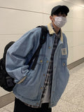 Japan Retro Lapel Denim Jacket Cityboys Punk Loose Jacket Autumn Hong Kong Style Hip Hop Handsome Stitching Jeans Coat