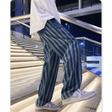 Fashion Mens Patchwork Pocket Loose Jeans Straight Fit Striped Printed Dad Jeans Elastic Waist Denim Pants Trousers For Male