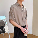 Foesce Short Sleeve Shirt Men Korean Fashion Half-sleeved Shirt Handsome Summer Lapel Solid Color Casual Ice Silk High Quality Top