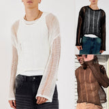 Spring Autumn New Sweater T-shirts For Men Elastic Hollow Slinghtly Transparent Long Sleeve Loose Versatile Knitting Tees Tops
