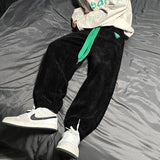 Corduroy Stripe Label Sweatpants For Men Streetwear Oversized Green Drawstring Sport Pants Fashion Design Male Trousers