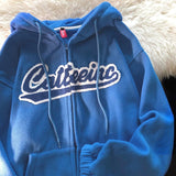 Foesce New Vintage Punk Sweatshirts Women Casual V-neck Long Sleeve Letter Embroidery Hoodie Harajuku Baseball Oversized Pullovers Tops