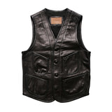 Spring Summer Fashion Leather Vest Men's British Style Black Short Plus Size Waistcoat Waterproof Sheepskin Sleeveless Jacket