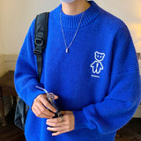 Foesce Autumn Winter Men's Sweater Mock Neck Waffle Bear Graphic Male Knitted Pullovers Casual Harajuku Clothing